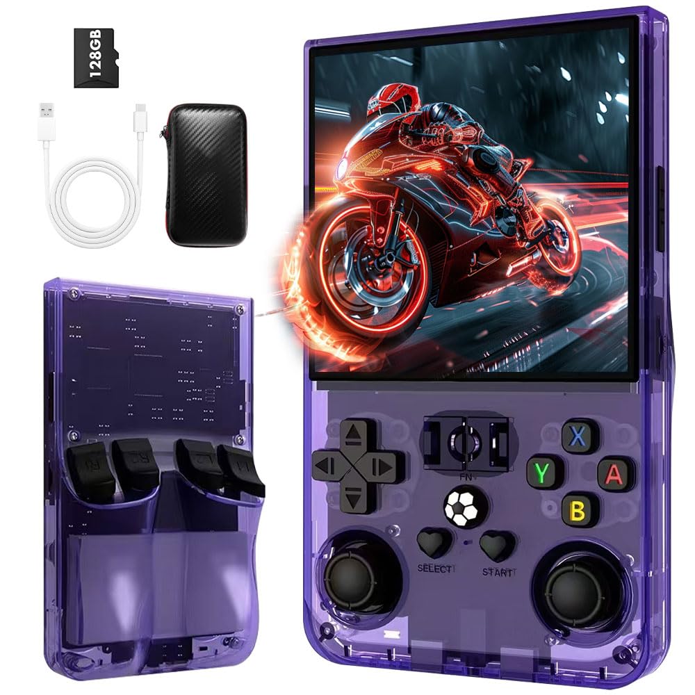 R36MAX Console Retro Game, 4 Pollici Console Portatile Gaming, Console Retro con 128 GB di Memoria, 22.000 Giochi & 30 Emulatori, Sistema Linux, Batteria 4000 mAh, Mini-Arcade (Viola)