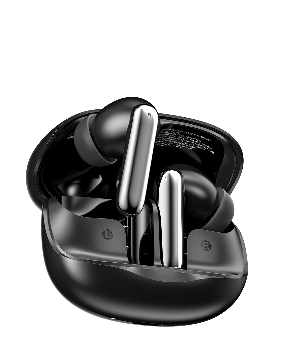 wegear TW9 Hybrid Active Noise Cancelling Wireless Earbuds in black, shown with their charging case.