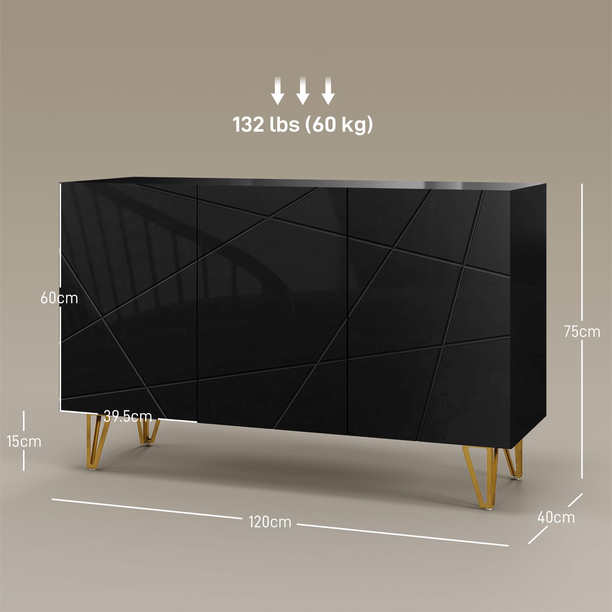 HOMCOM Mobile Contenitore con 2 Armadietti e Ripiano Regolabile a 3 Livelli, Credenza Moderna con Gambe in Metallo, 120x40x75 cm, Nero e Oro