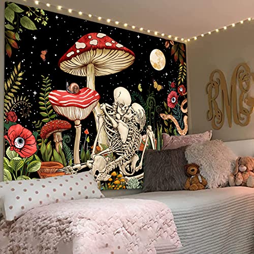 Accnicc Mushroom Skull, Skeleton Floral Tapestries Trippy Flower Plant Tapestry For Bedroom Aesthetic Hippie Cool Nature Moon Star Wall Tapestry For Dorm Living Room (Red, 48'' × 36'') #TOP4