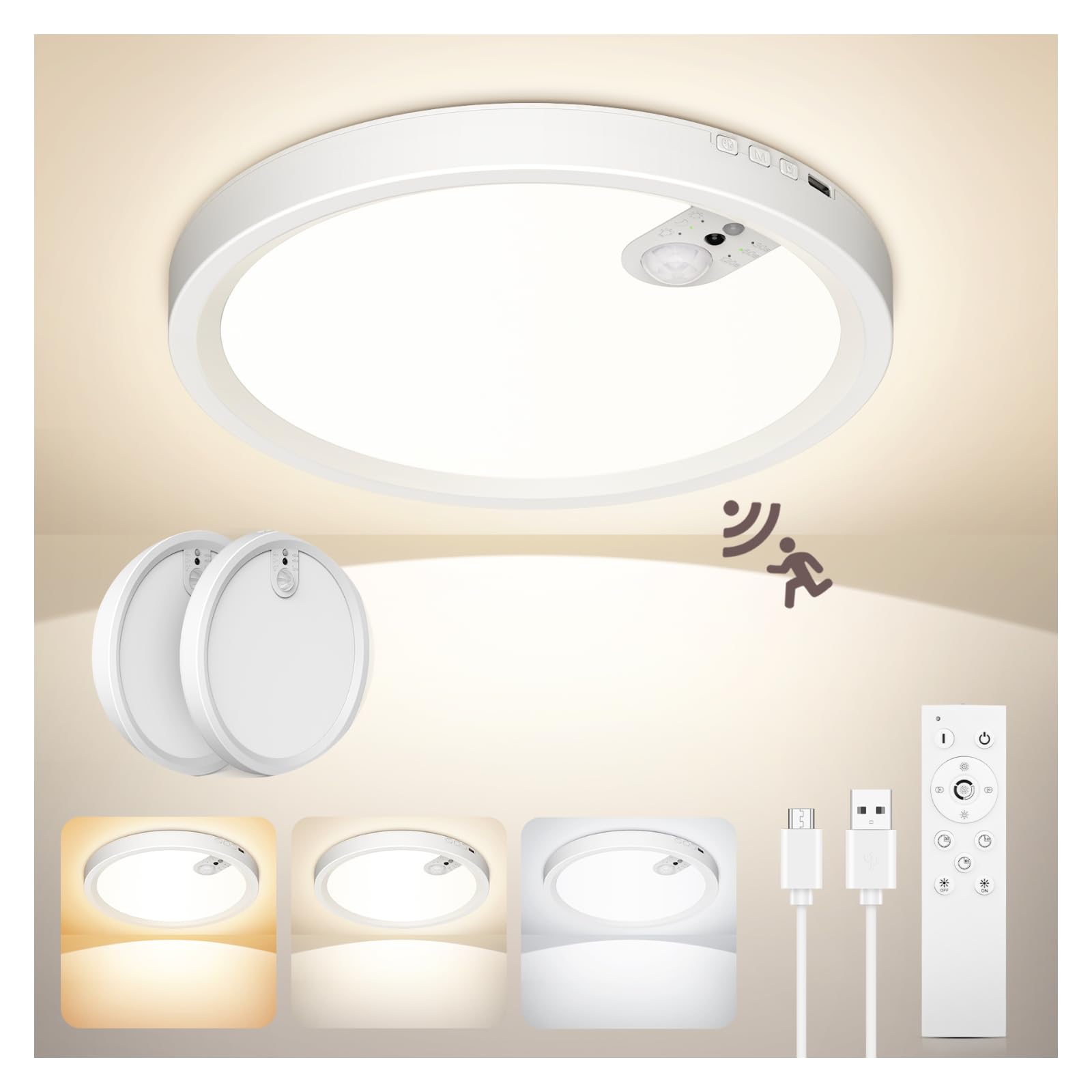 ONEWEST 2 Pack LED Ceiling Light Motion Sensor with Remote, Cordless 7000mAh Battery Operated Sensor Light Indoor, Induction Timing & 3 Colors Dimmable Ceiling Lamp for Bedroom, Porch, Basement