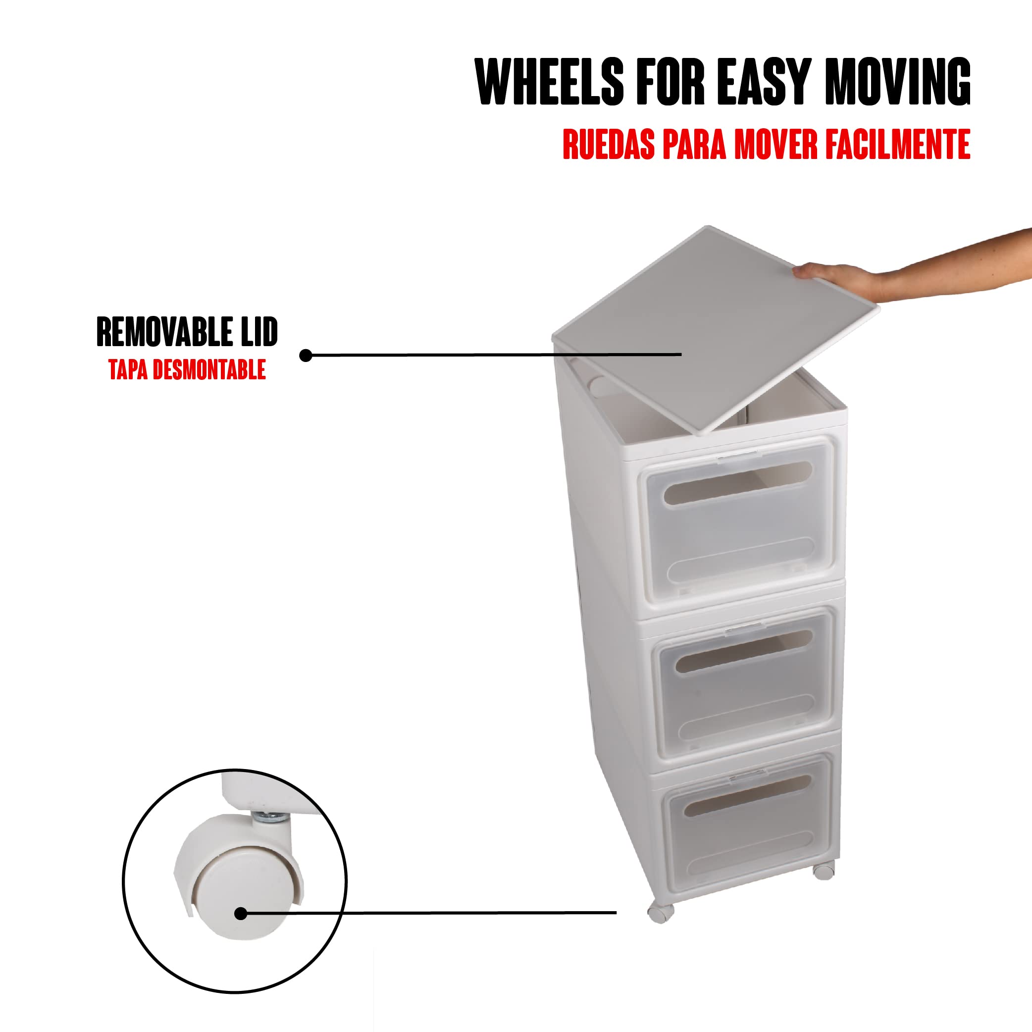 Cajas de Almacenaje Apilables con Tapa 3 Cajoneras de Plastico Organizador Estanterías con Ruedas Mueble Flexible Puntas Redondeadas Ahorra Espacio Tamaño Caja 38x38x25 Total 38x38x75