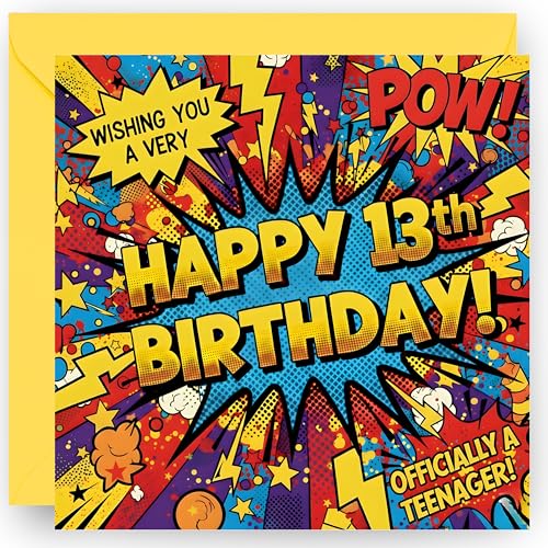 13th Birthday Card Gift for Boys and Girls Comic Book Design - Happy 13 Years Old Official Teenager Greeting Card with Vibrant Yellow Envelope - Size 14cm