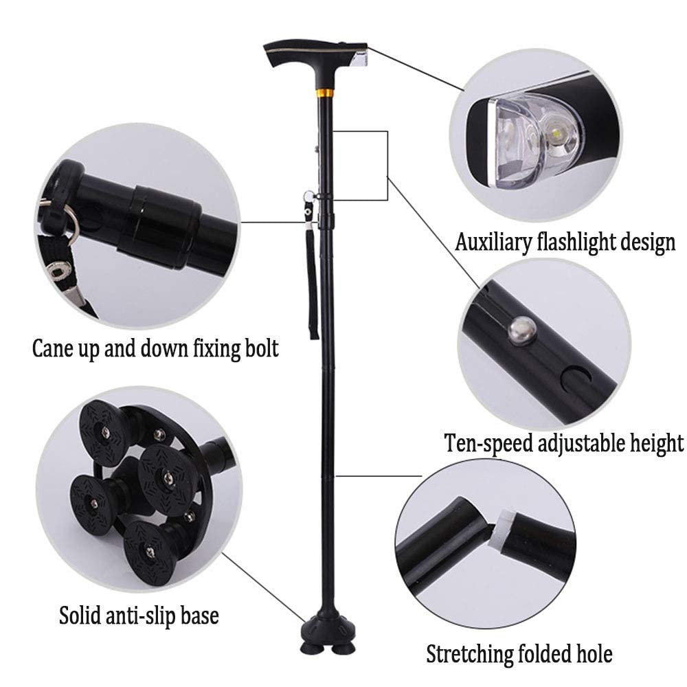 SGSG Bastones Bastón para Caminar Plegable con luz LED, Mango Antideslizante, portátil, 10 muletas de Altura Ajustable, Bastones multifunción para Hombres, Mujeres