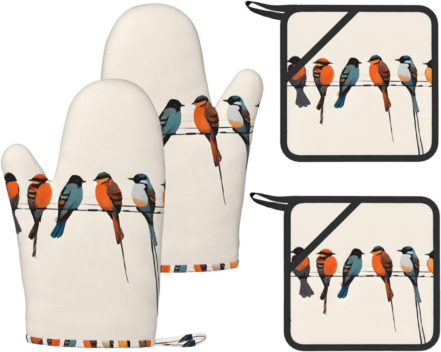 Colorful Bird 4pcs Oven Mitts and Pot Holders Sets for Kitchen, Silicone Oven Gloves Non-Slip Potholders Hot Pads for Baking Cooking