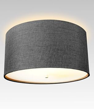 HomeConcept Moderne Flush Mount Conversion Kit 14" w Granite Gray Burlap Hardback Drum Lampshade