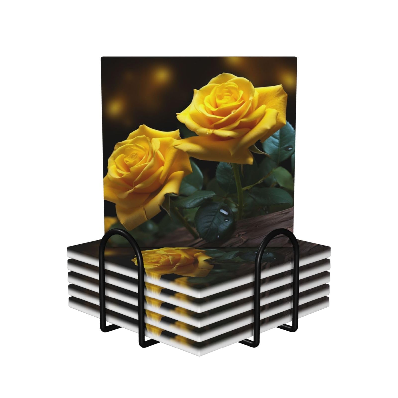 Dessous de verre céramique haut de gamme lot de 6 roses jaunes avec socle métallique