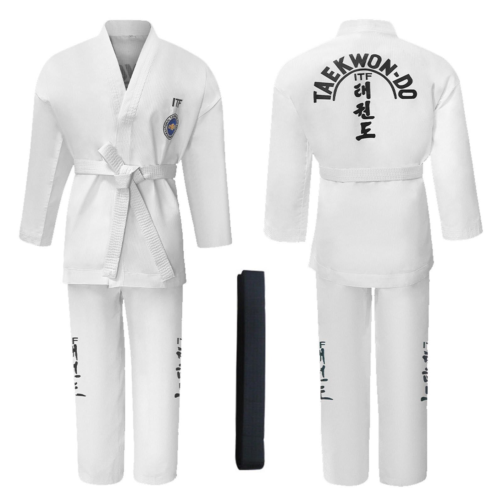 Kimono de Taekwondo ITF para Niños y Adultos, Karate Kimono con Cinturilla, Jiu Jitsu Ligeros Polialgodón, Entrenamiento Sparring Negro-180
