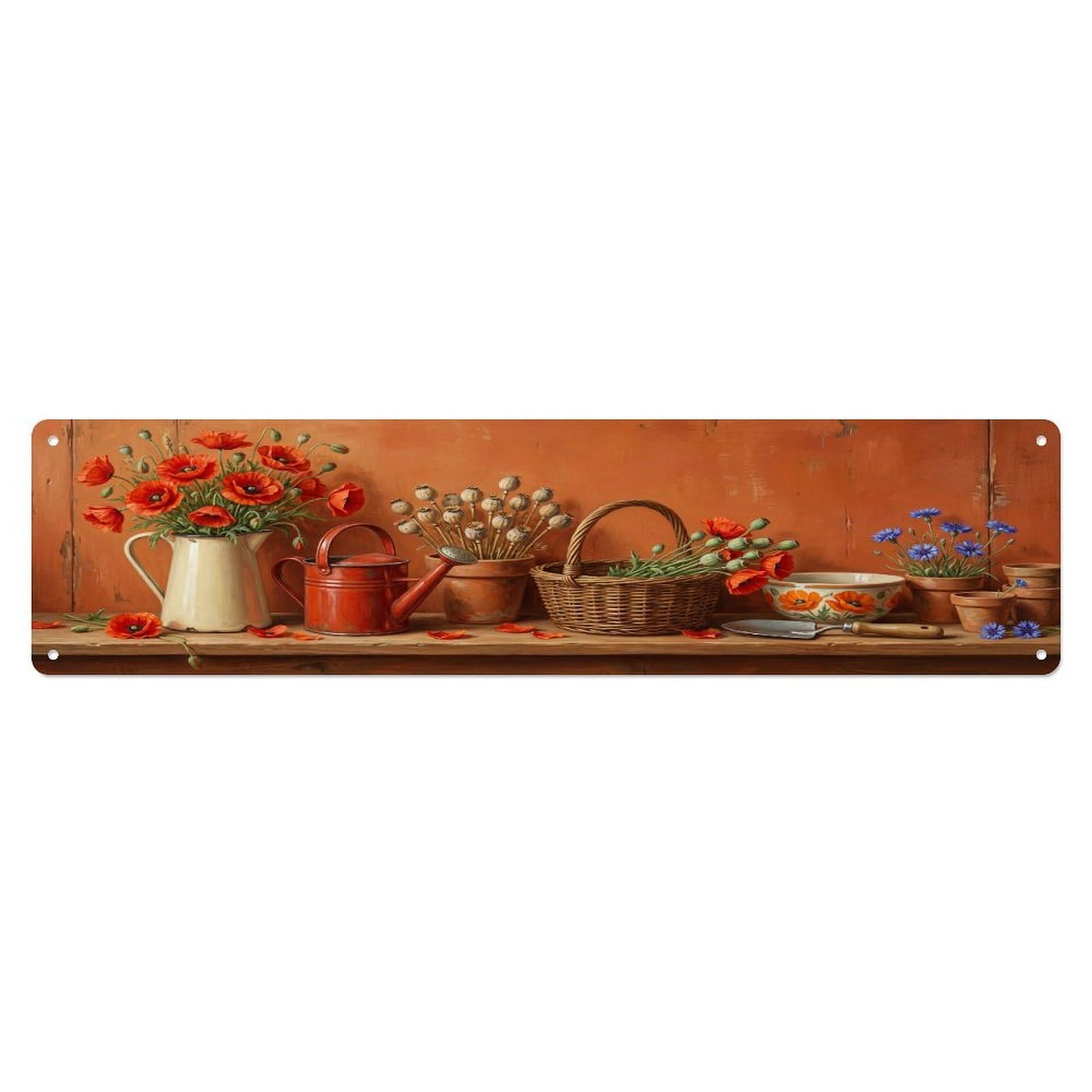 Floral Garden Tools Poppy Enamel Pattern Print Metal Tin Sign