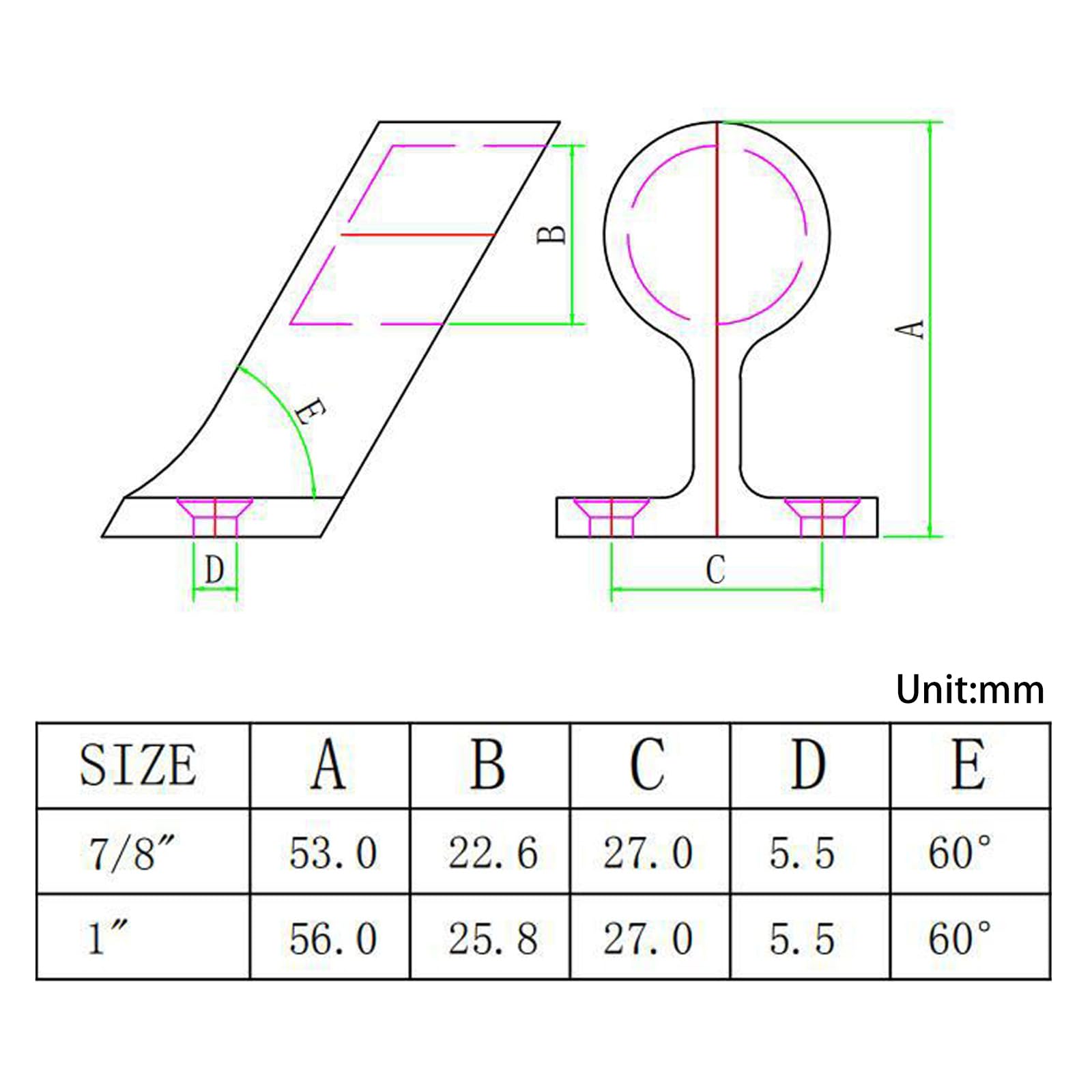 Staffa terminale per corrimano per barche da 2,2 cm, 60 gradi, in acciaio inox 316, per yacht e barche (2 pezzi con viti)