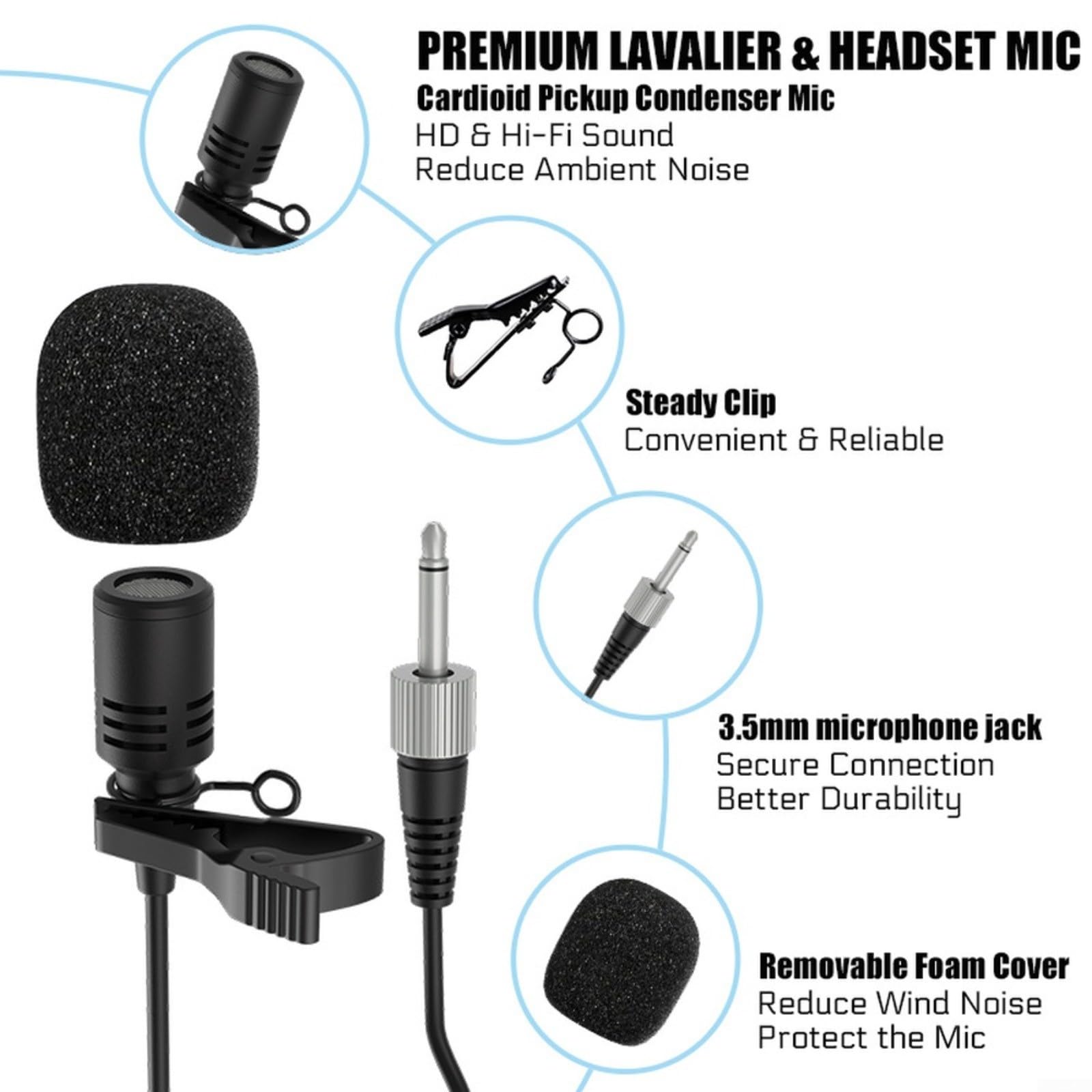 Sistema microfonico wireless portatile per doppio microfono a condensatore cardioide audio chiaro registrazione eventi streaming live nero