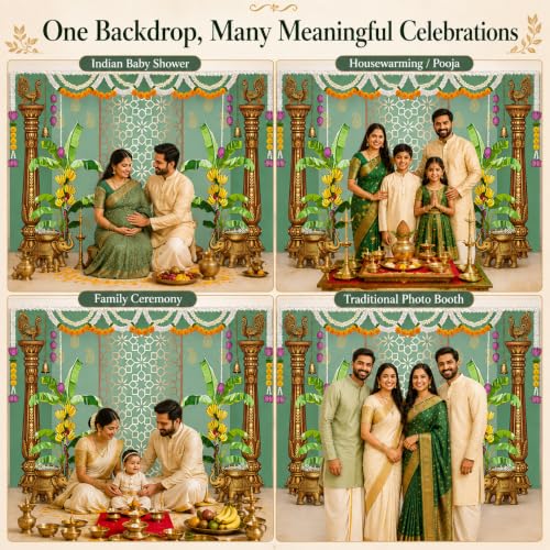 Image of India Pooja Backdrop Decorations, Traditional Banana Leaf Marigold Garland Photography Background for India Wedding, Haldi, Mehendi, Diwali, Housewarming, Festival Decoration Wall Decor Props 5X3FT