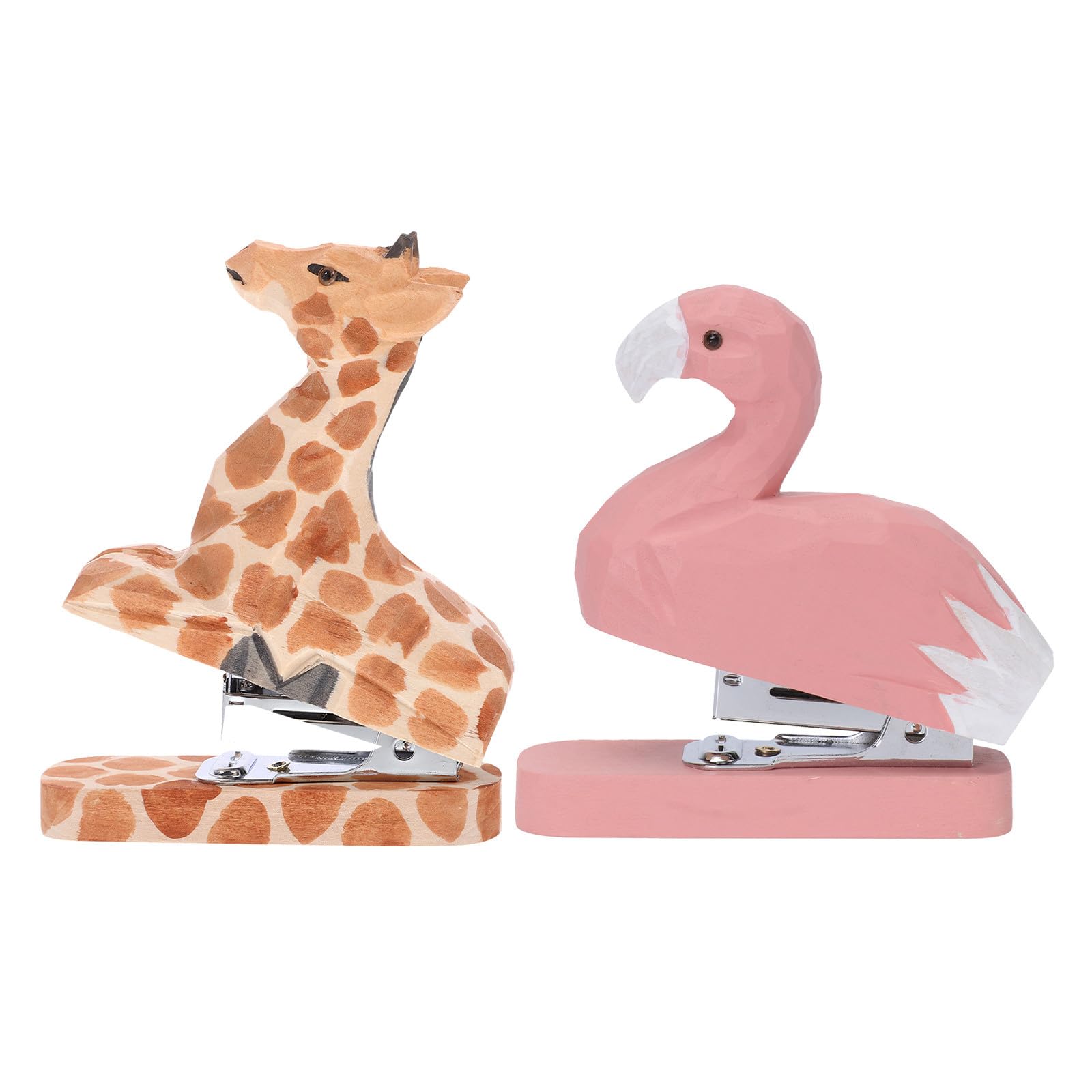 NUOBESTY 2 mini spillatrici a forma di animale dei cartoni animati - spillatrici creative in legno fatte a mano a forma di giraffa e fenicottero per carta - cancelleria da scrivania compatta e