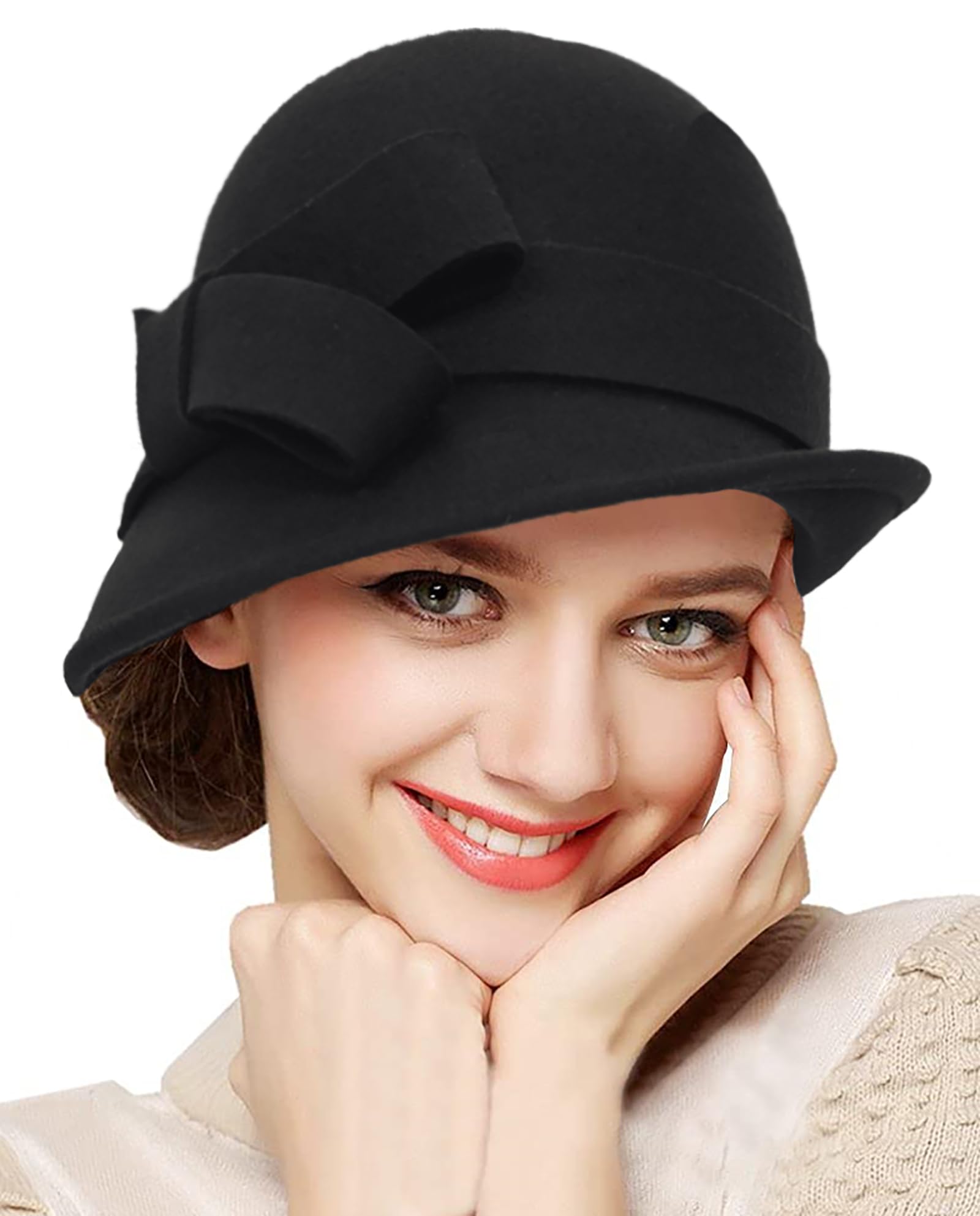 HilyBony Sombrero de iglesia de fieltro de los años 20 para mujer, estilo Gatsby, de lana, vintage, con lazo