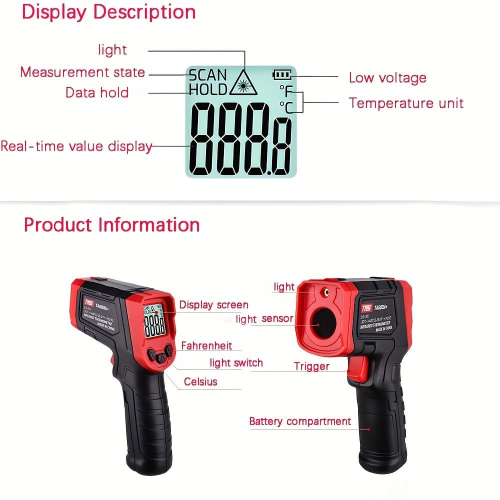 Termometro a Infrarossi Digitale Laser Senza Contatto -37°F ~ 1022°F (-32°C ~ 550°C) Emissività Regolabile per Cucina Pizza Forno BBQ