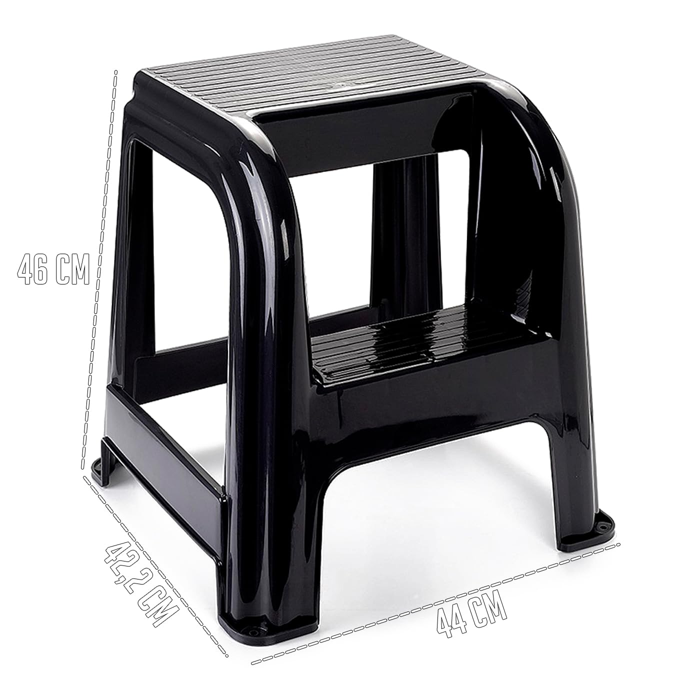 Tradineur - Taburete Domus con Escalón - Fabricado en Plástico - Ideal para Uso Tanto Profesional como doméstico - Peso MAX 150 kg - 44 x 42 x 45 cm - Color Negro