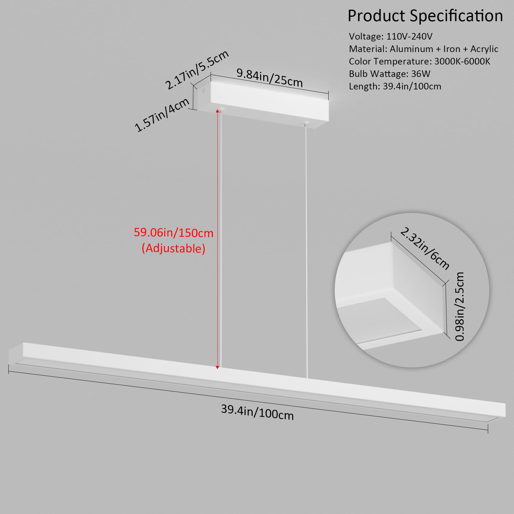 100CM LED Dimmbar Hängelampe, mit Fernbedienung, 36W, Weiß | 3000K/4000K/6000K , Einstellbare Pendelleuchte, Modern Esstisch Hängeleuchte, für Esszimmer, Küche, Büro, Wohnzimmer