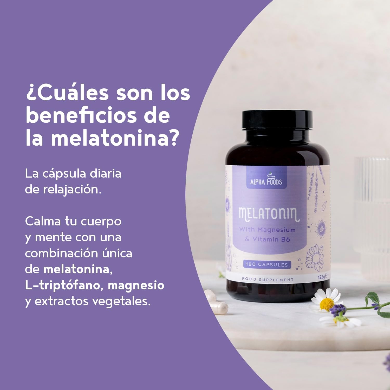 Melatonina 0.5 mg | 180 Cápsulas | con Magnesio, Triptófano, Pasiflora, Lavanda, Manzanilla y Vitamina B6 | para Dormir Bien y Ayudar con el Insomnio | Favorece un sueño saludable | Alpha Foods