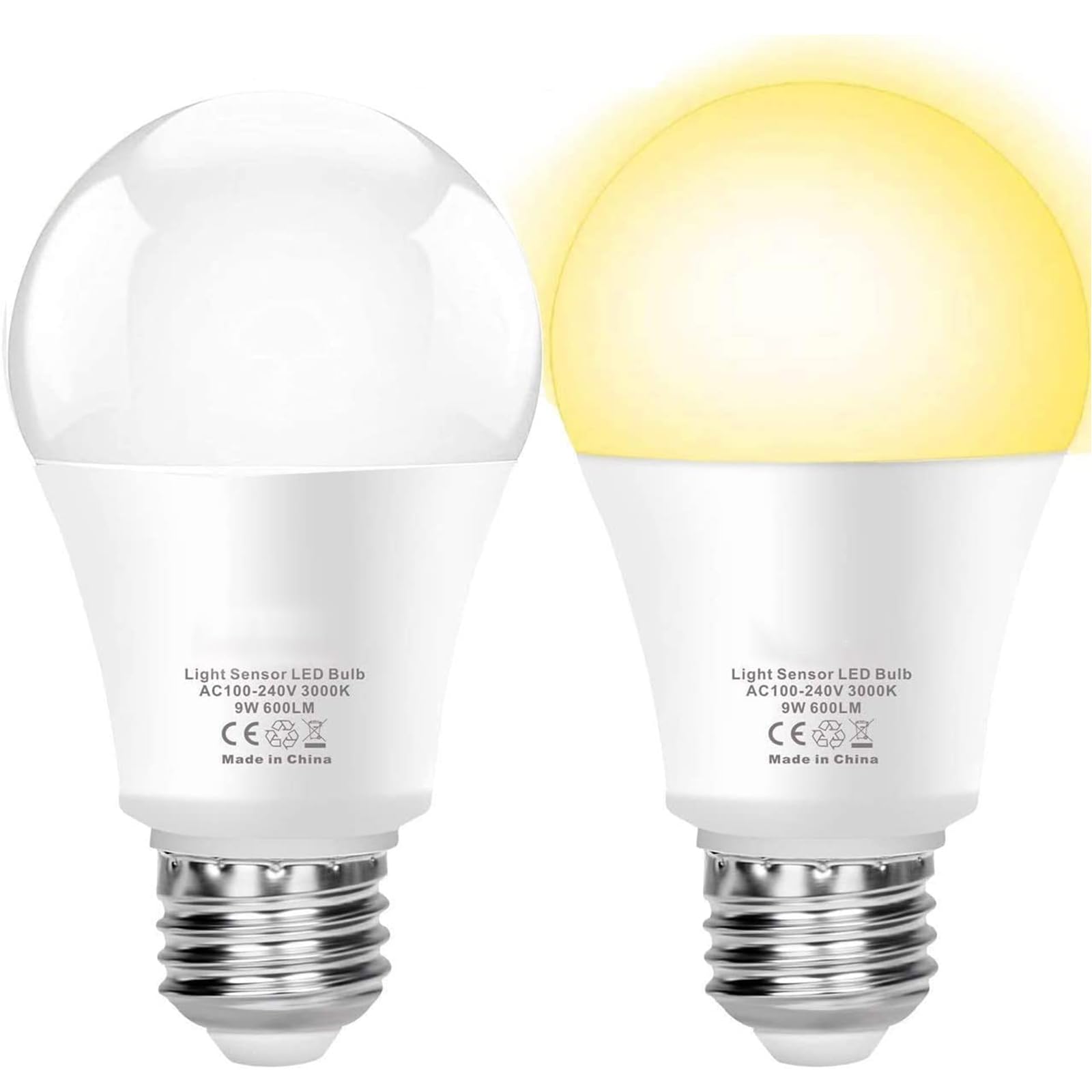 BoxloodTwilight Sensor Bulbs, LED Sensor Bulbs, 9W E27 Auto On/Off, Outdoor/Indoor Lighting Lamp, for Pathway Garden Hallway, Warm White 3000K, 2 Units