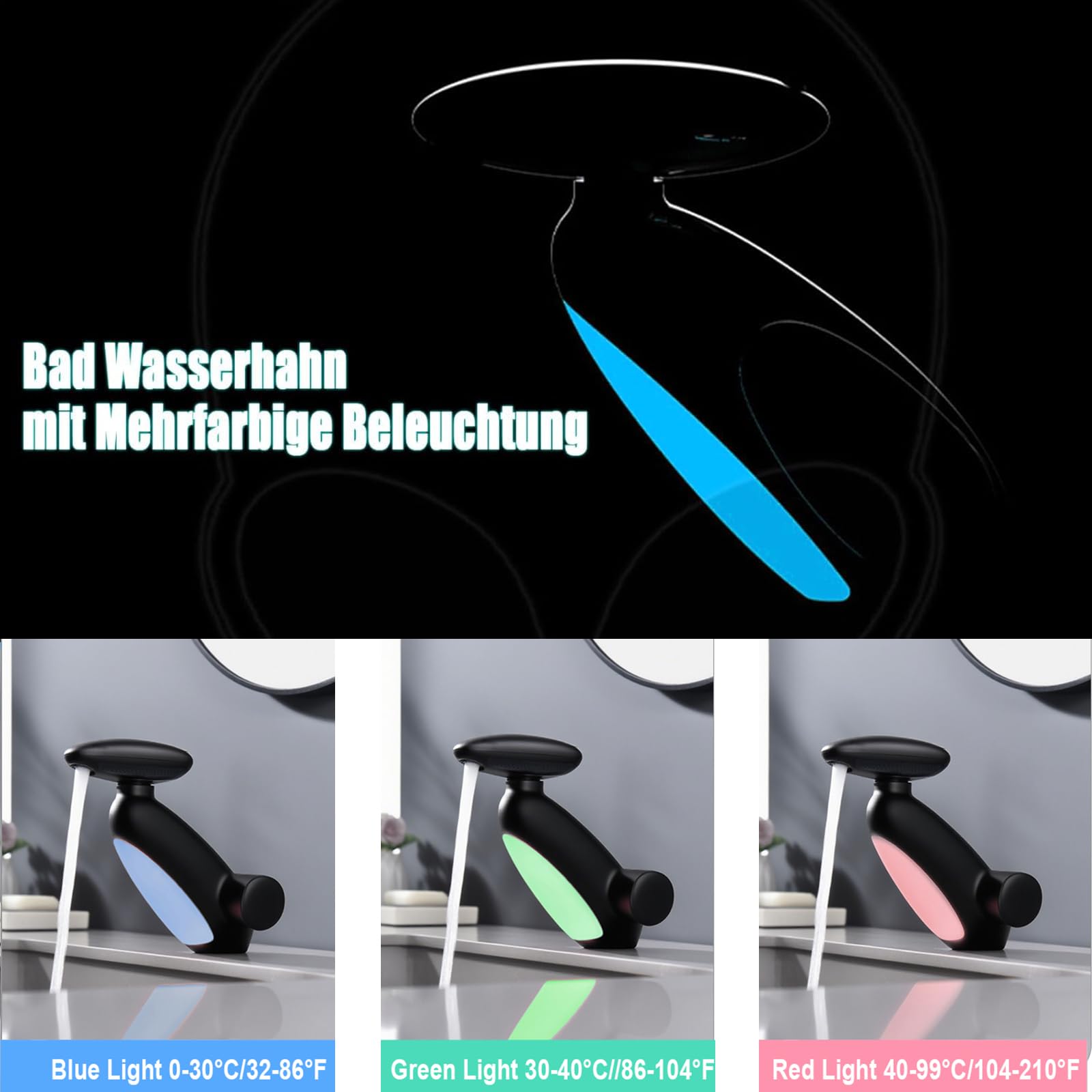 Robinet Salle Bain avec Douchette Extractible à 4 Modes, LED Robinet de lavabo Cascade, Rotatif à 360° Mitigeur de Lavabo, Moderne G 3/8, Noir