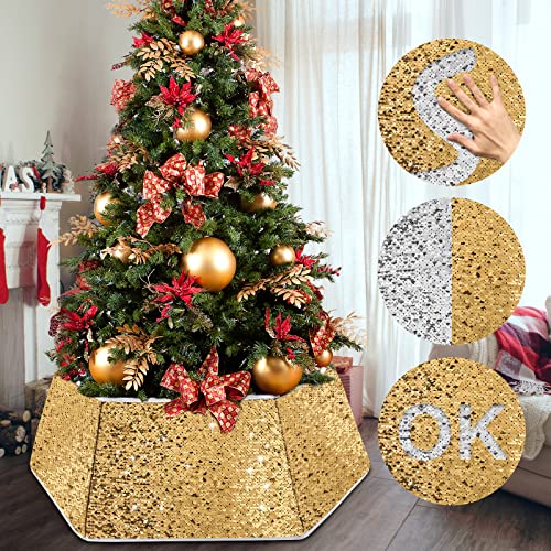 Imucci Christmas Tree Collar, 33 Inch Flip Reversible Sequins Christmas Tree Ring 6 Panel Square Silver And Gold Xmas Tree Base Cover Tree Skirts Holiday Home Party Christmas Tree Decoration #TOP23