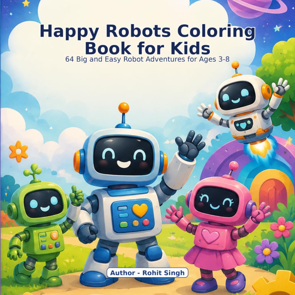 Happy Robots Coloring Book for Kids: 64 Big and Easy Robot Pages for Ages 3-8