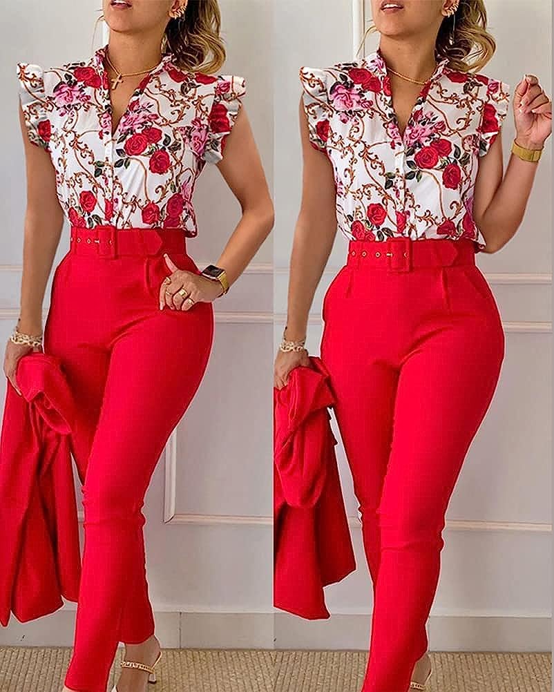 Conjunto de Pantalones de Traje de Negocios de Las Mujeres Versión Delgada del Elegante Traje de Tres Piezas de Verano Impreso Volante Manga Camisa Pantalones cinturón