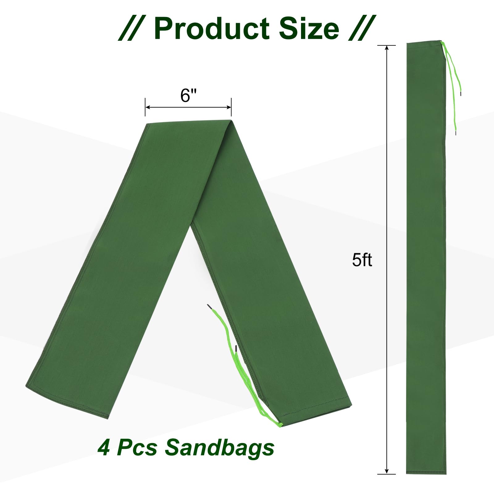 PATIKIL 5' x 6" Sand Bag for Flooding 4 Pack Long Canvas Sandbags Thickened Water barriers for Flooding with Binding Elastic Band for Door Flood Control Green - Image 2