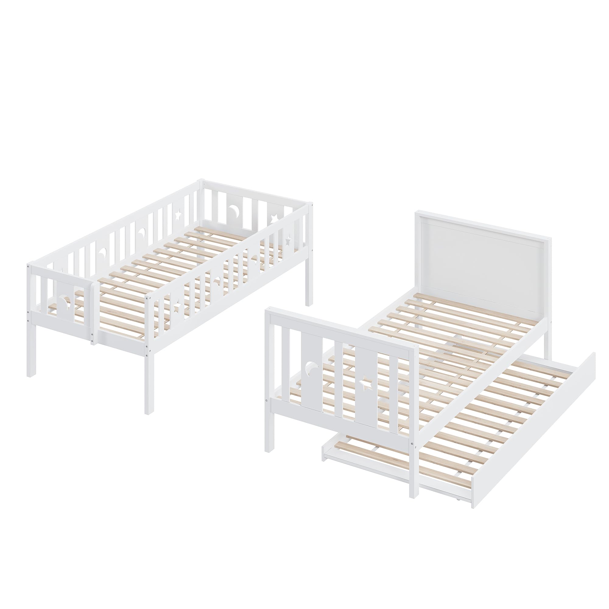 Kinderbett 90x200/90x200cm, Hochbett Etagenbett mit Stauraum-Sicherheitstreppe&Ausziehbett&Lattenrost, Jugendbett Holzbett Stockbett für 2 Kinder, Rausfallschutz Bett, Massivholz, Weiß
