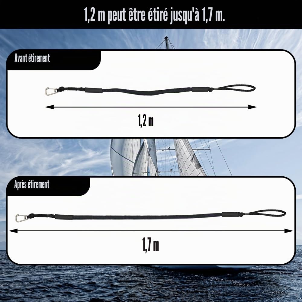Lot de 2 Cordon pour Bateau, Lignes d'amarrage Élastiques avec Crochet, Corde de Dock Tressée pour Jet Ski, Ponton, Kayak - Accessoires d'Amarre Double