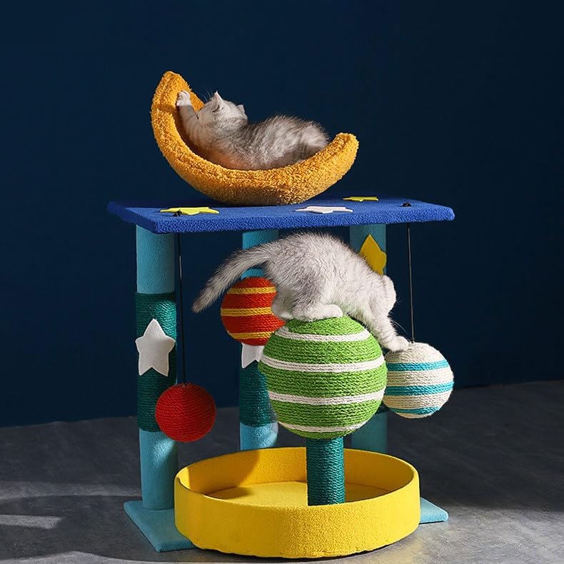 review Cat Tree Tower for Indoor Cat,Multi-Level Cat Tree Hanging with Planet Dangling Ball,Cat Sisal Scratching Post and Crescent Cat Perch