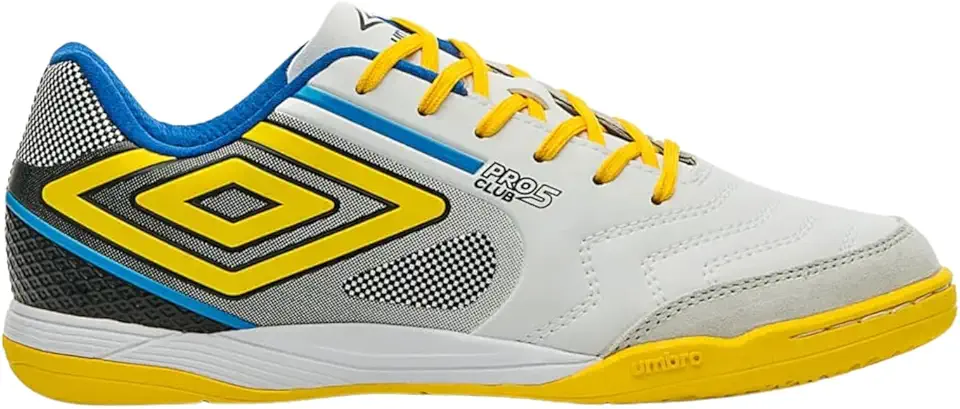 Chuteira Umbro Pro 5 Bump Club Futsal Branca e Amarela