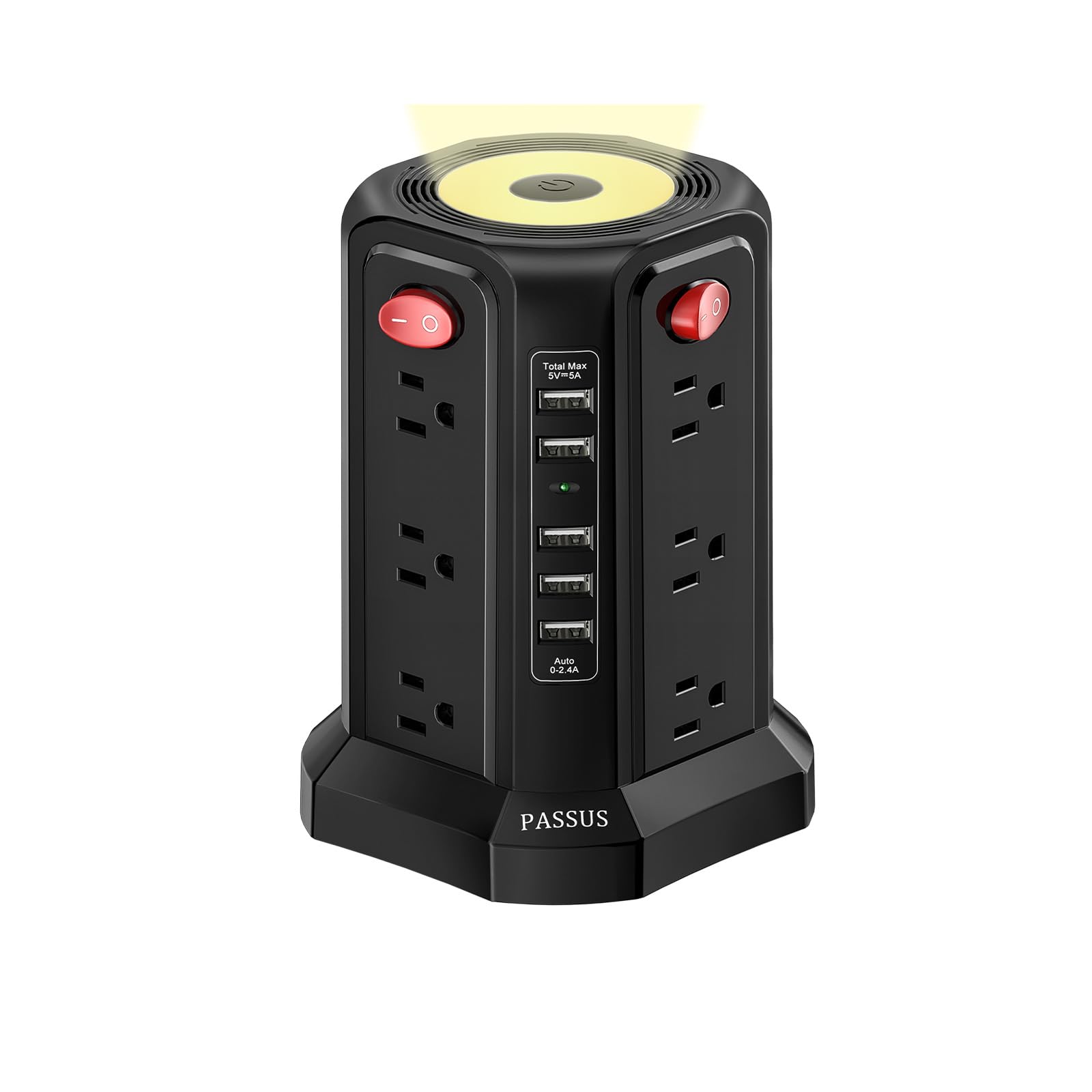 Tower Power Strip Surge Protector with 5 USB Ports, Upgrade Version 10.2FT Extension Cord with AC Multiple Outlets and Night Light Overload Protection for Home Office Dorm Room Essentials(Black)