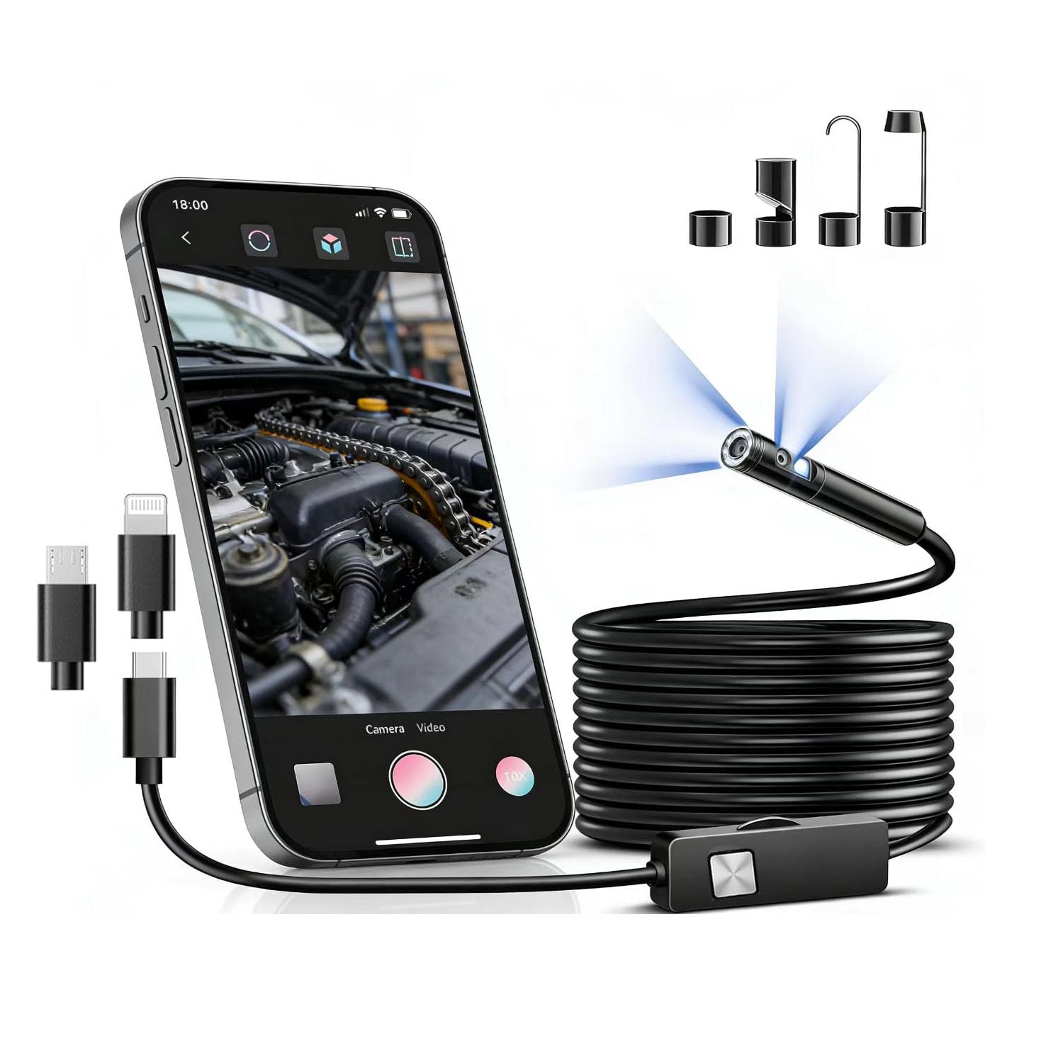 Cámara endoscópica para iPhone, 1920P HD Cable Snake Cámara Plug and Play con endoscopio semirrígido para iPhone, cámara endoscópica impermeable IP67 para Android para iOS