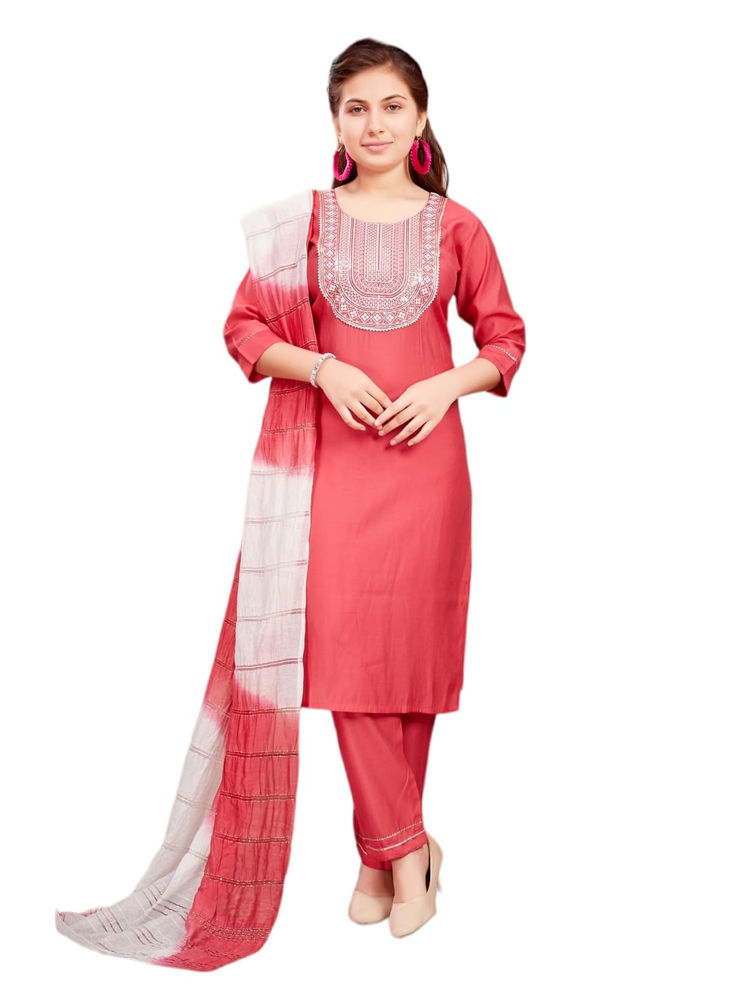 Aarika Girls Ethnic Wear Gajri Colour Sequin Thread Embroidery With Gota Work Silk Kurti Pant Set (8-16 Years)