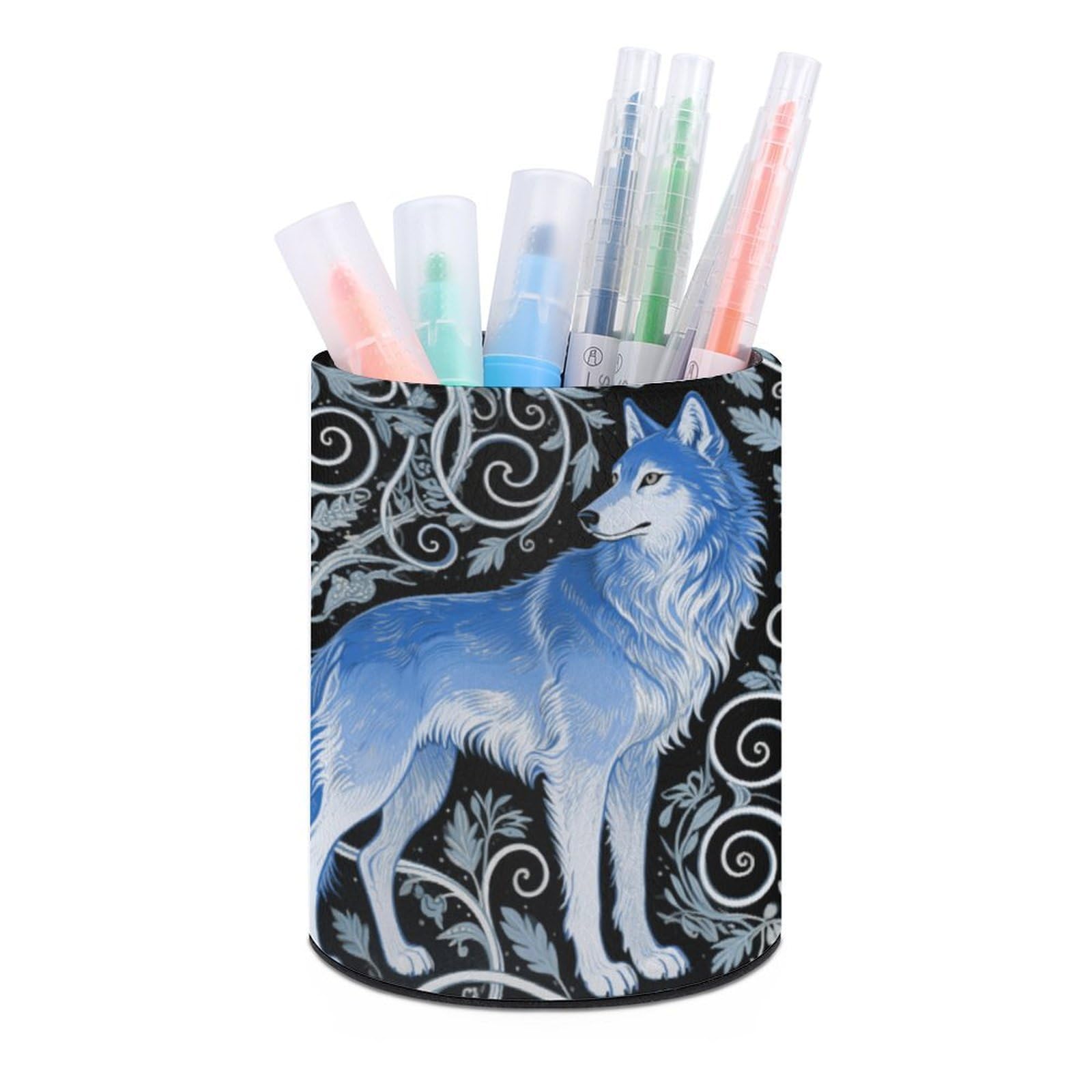 VstaDank Blue Wolf Print Pen Holder PU Leather Pencil Cup Minimalist Desk Pencil Holder Round Make Up Brush Organizers For Office Dorm Room&Vanity Desk Accessories