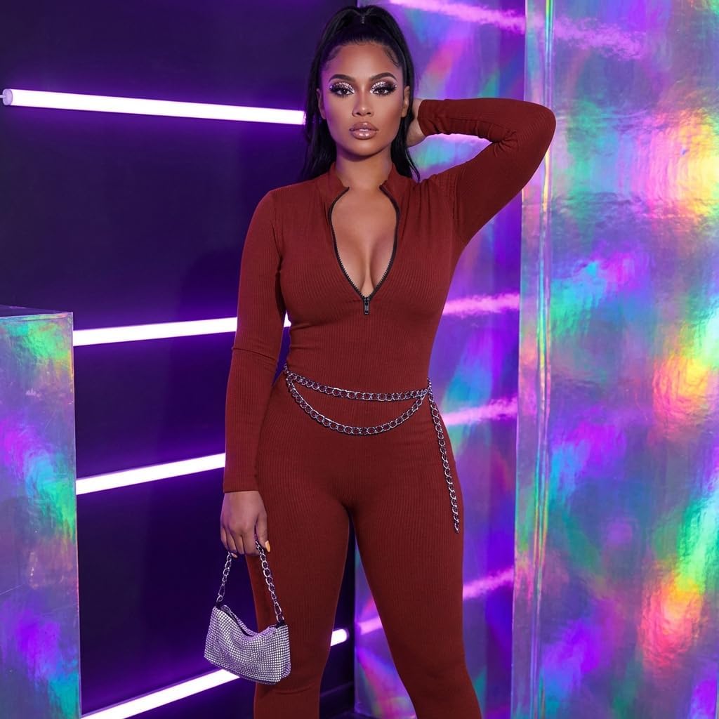 Women's Ribbed Bodycon Jumpsuit Long Sleeve Zip Up Front Romper Slim Fit One Piece with Pants - Image 3