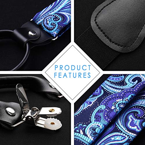 Image of HISDERN Suspenders for Men Paisley Floral Bow tie Suspender Pocket Square Sets Adjustable Y Shape 6 Clips Wedding Braces