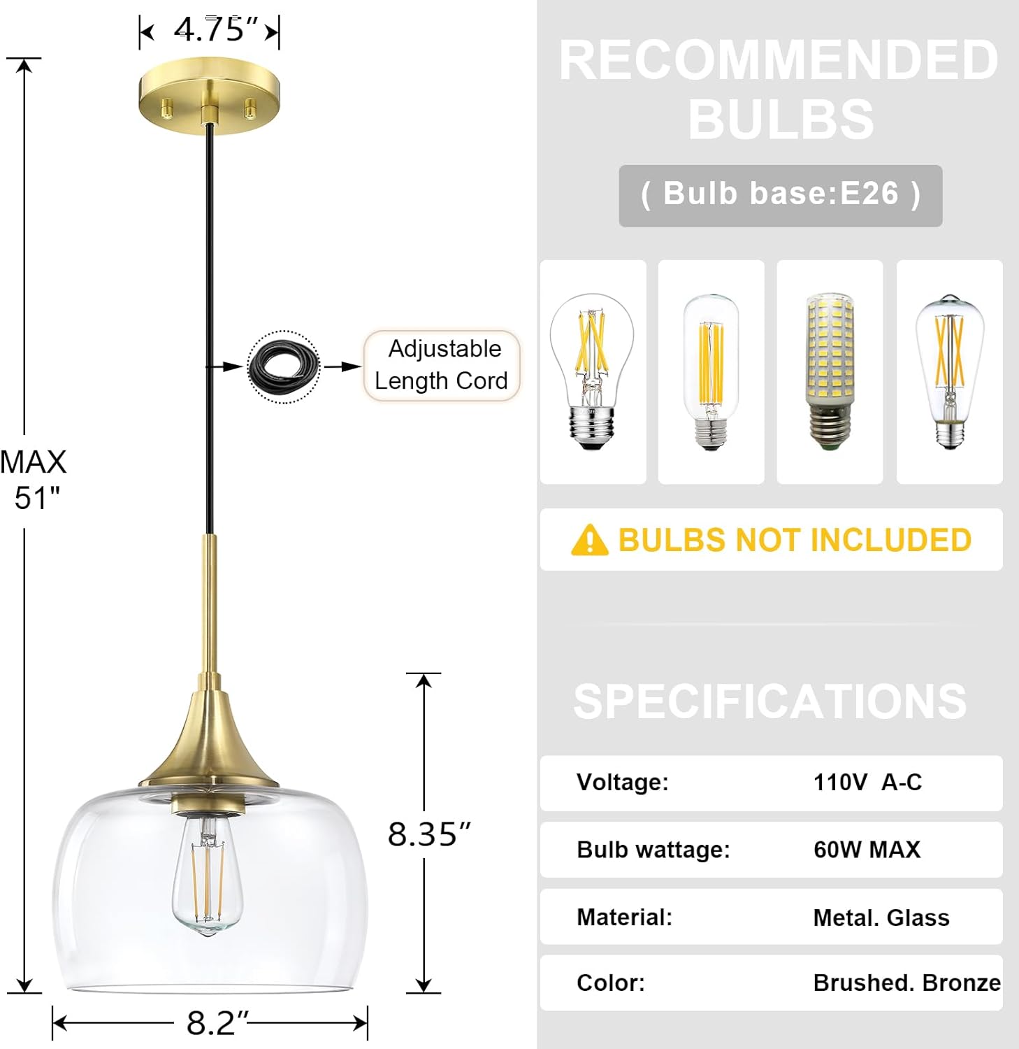 2 Pack 1 Light Hanging Indoor Kitchen Island Pendant Ceiling Light 8.2" Clear Glass Shade Fixture,Gold Finish Modern Farmhouse Dinning Over Sink