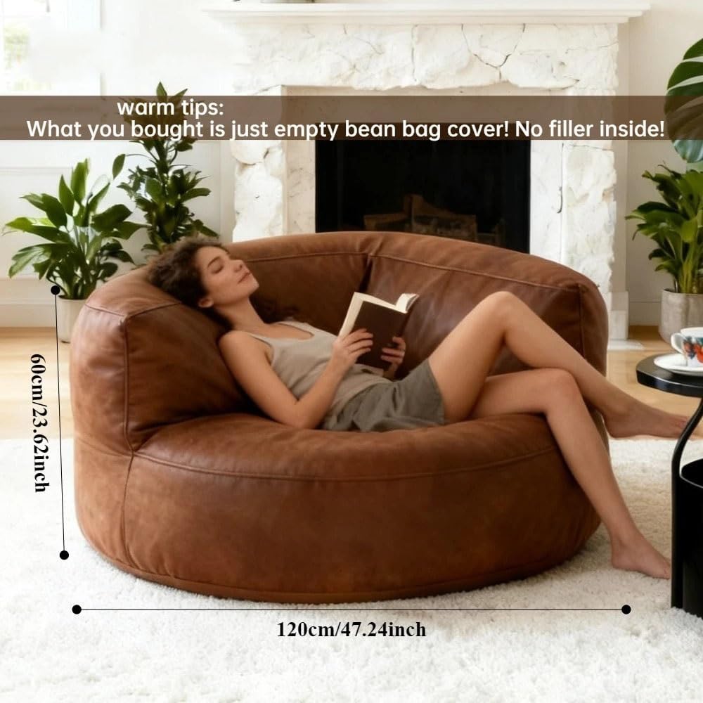 4ft 120cm Bean Bag Chair Cover Without Filler Big Round Faux Retro Suede Leather Lounger Pouf Bed Beanbag Corner Seat Recliner Couch for Bedroom Living Room(4ft-120cm-yellow)