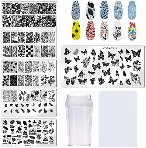 Bellelfin Nail Stamper Kit 6pcs Nail Stamping Plate Flower Leave Image Template with Nail Art Stamp and Scraper for Salon Home DIY Manicure