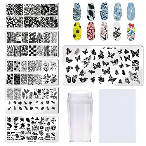 Bellelfin Nail Stamper Kit 6Pcs Nail Stamping Plate Flower Leave Image Template With Nail Art Stamp And Scraper For Salon Home Diy Manicure #TOP4