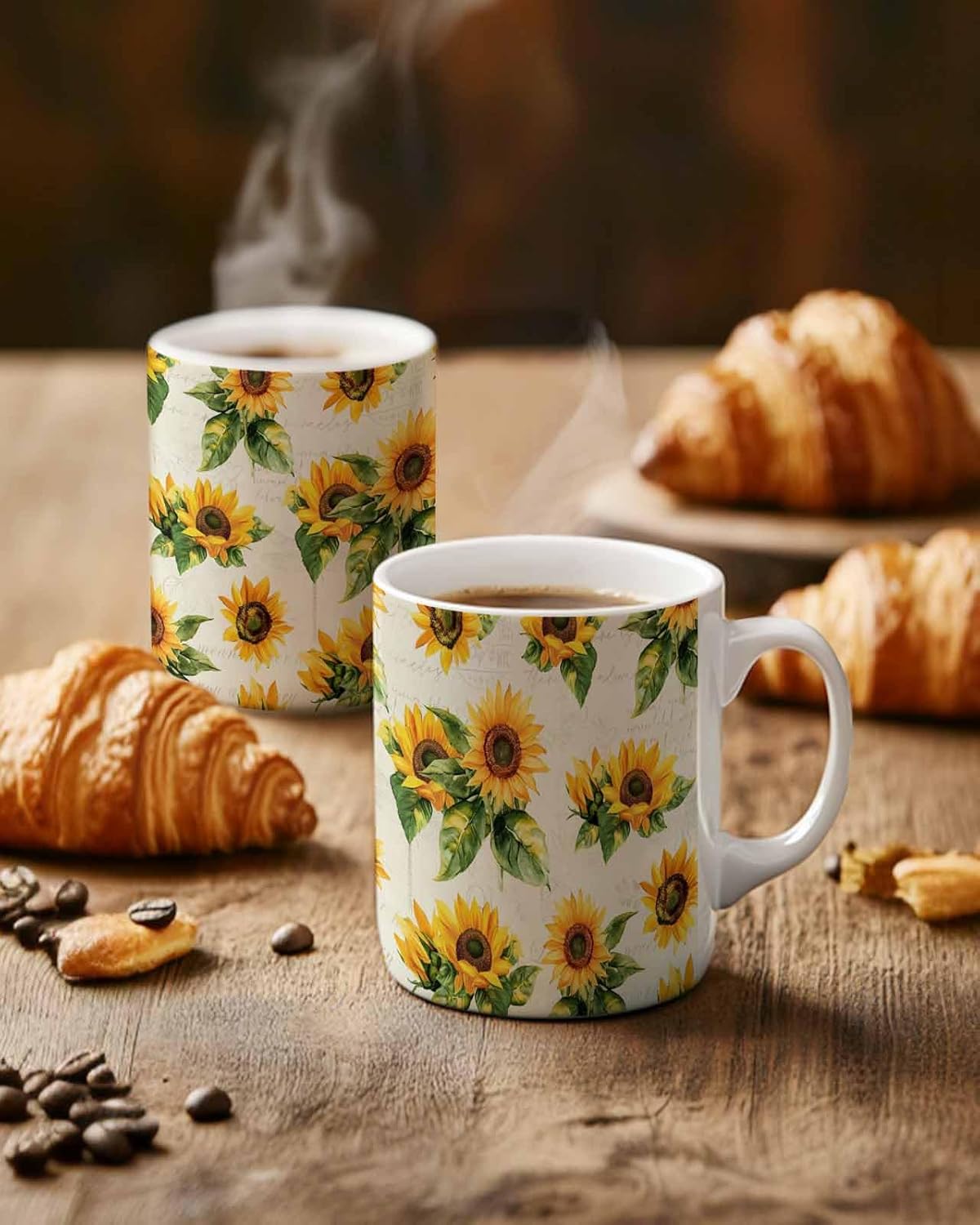BEMIGO Ceramic Coffee Mug Farmhouse Sunflower Ceramic Mug White Cup, Vintage Letter Background Insulated Coffee Cup with Handle with Pattern Perfect for Tea and Hot Beverages, 12oz