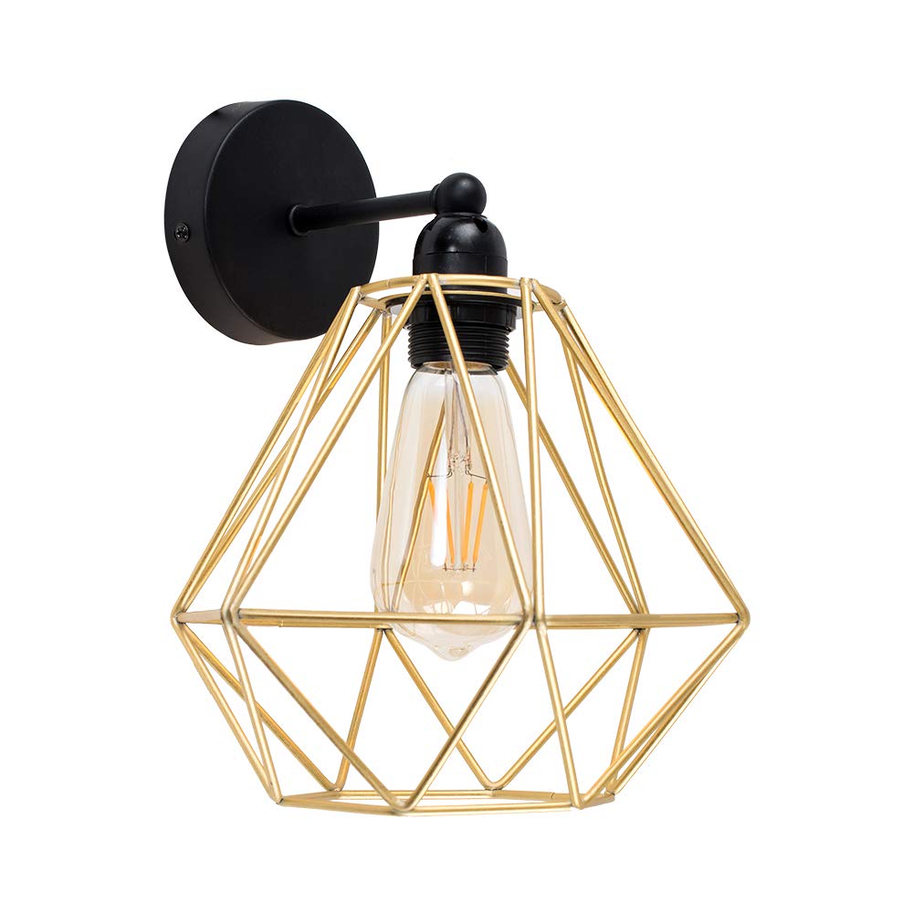 MiniSun | Industrial Steampunk Satin Black Pipework Single Wall Light with a Gold Metal Cage Light Shade | Outdoor Wall Lights, Home Décor Essential | Includes Bulb [2700K Warm White] | Mains Wired