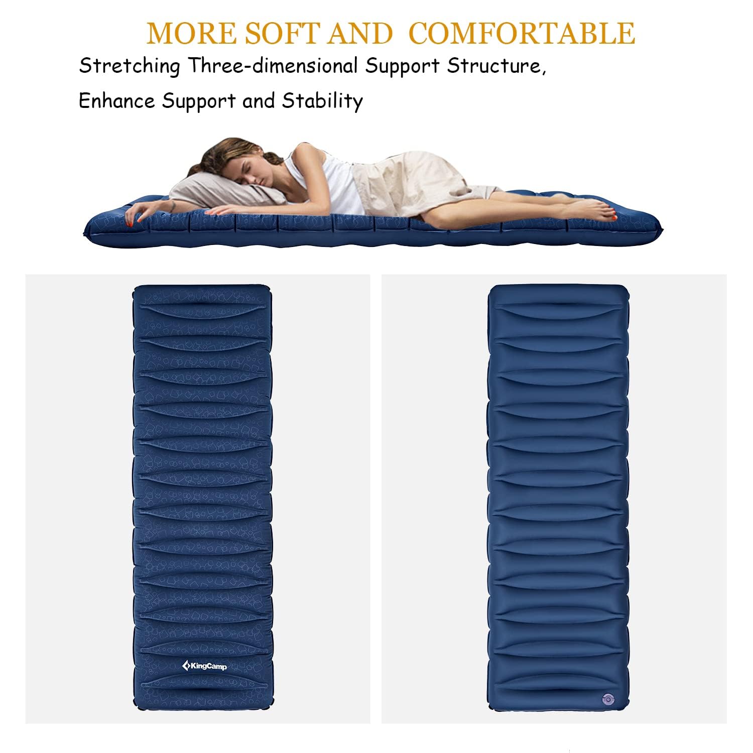 KingCamp Deluxe Inflatable Sleeping Pad for Camping, Luxury Ultra-Comfortable Air Mattress Lightweight Mat for Backpacking, Car Camping Hiking, Tent, Cot and Travel, Single and Double 2 Size