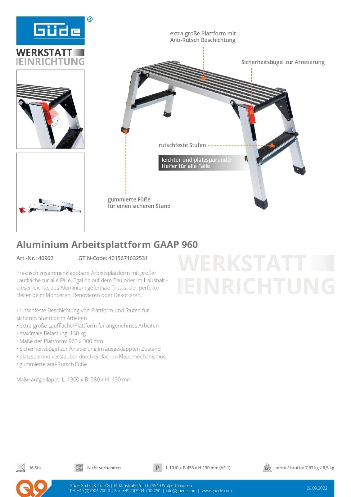 Güde GAAP 960 - Plataforma de trabajo (aluminio, hasta 150 kg, 960 x 300 mm, plataforma de trabajo)