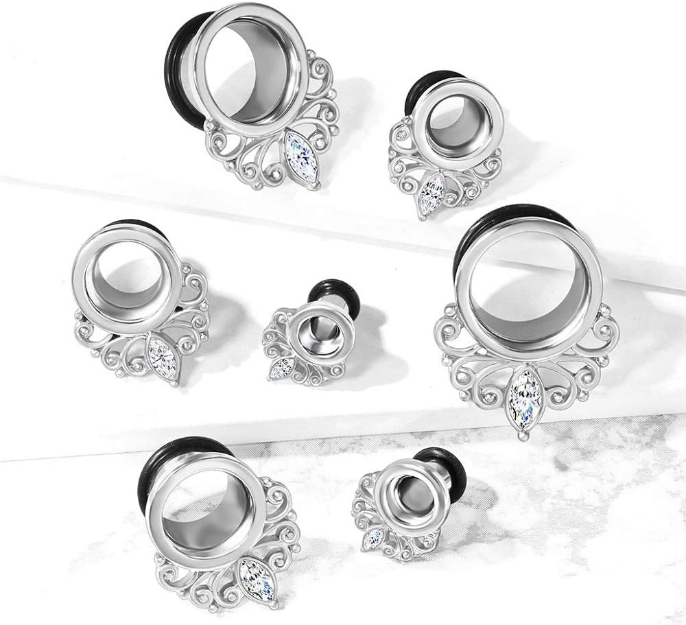 Pierced Owl - Stainless Steel Crystal Centered Vintage Filigree Marquise Drop Single Flare Tunnel Plug Gauges with Black O-Ring, Sold as a Pair