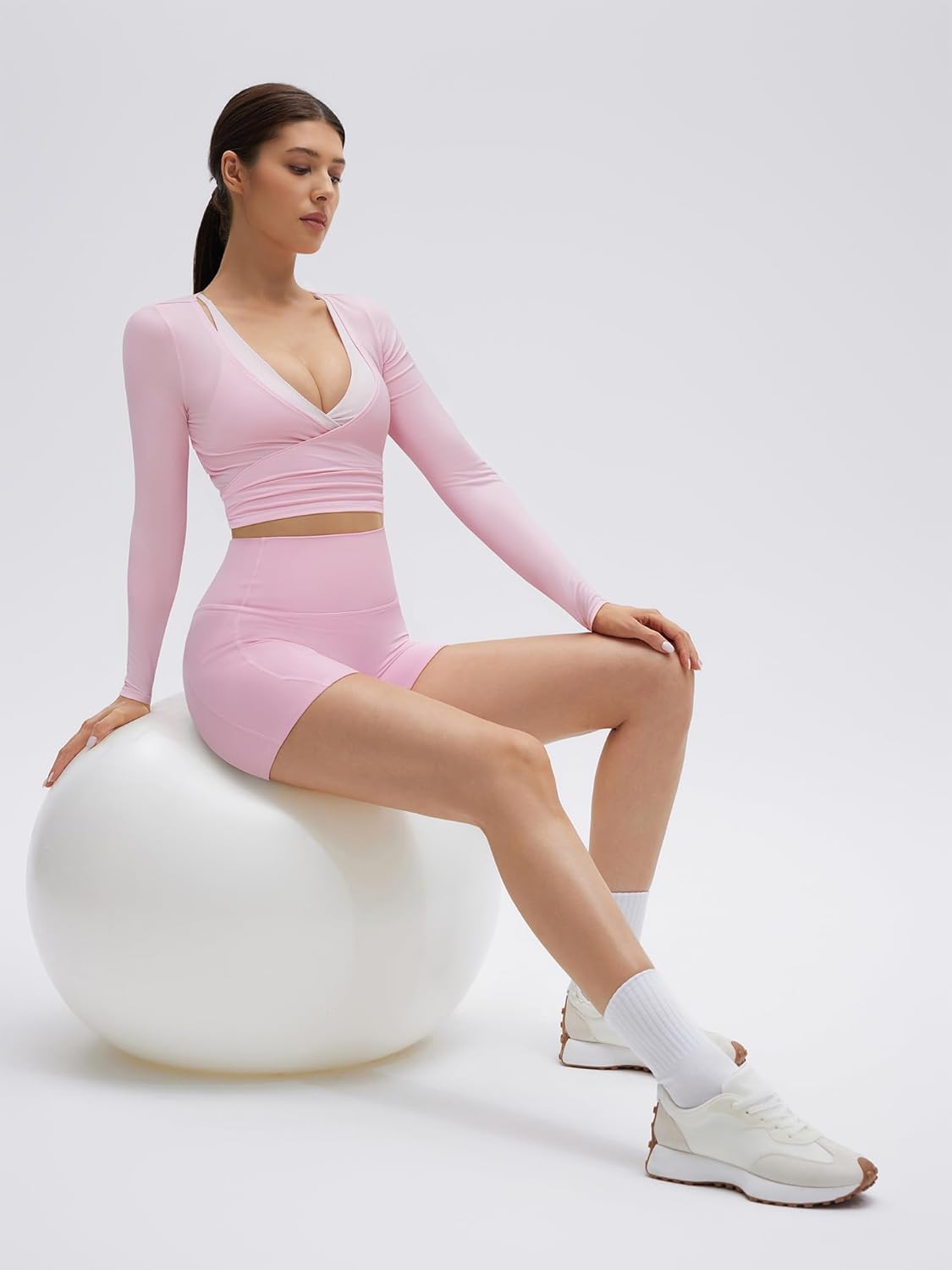 SUUKSESS Women Pilates Wrap Workout Cropped Top Ribbed Long Sleeve V Neck Tie Front Ballet Yoga Shrug Blouse - Image 4