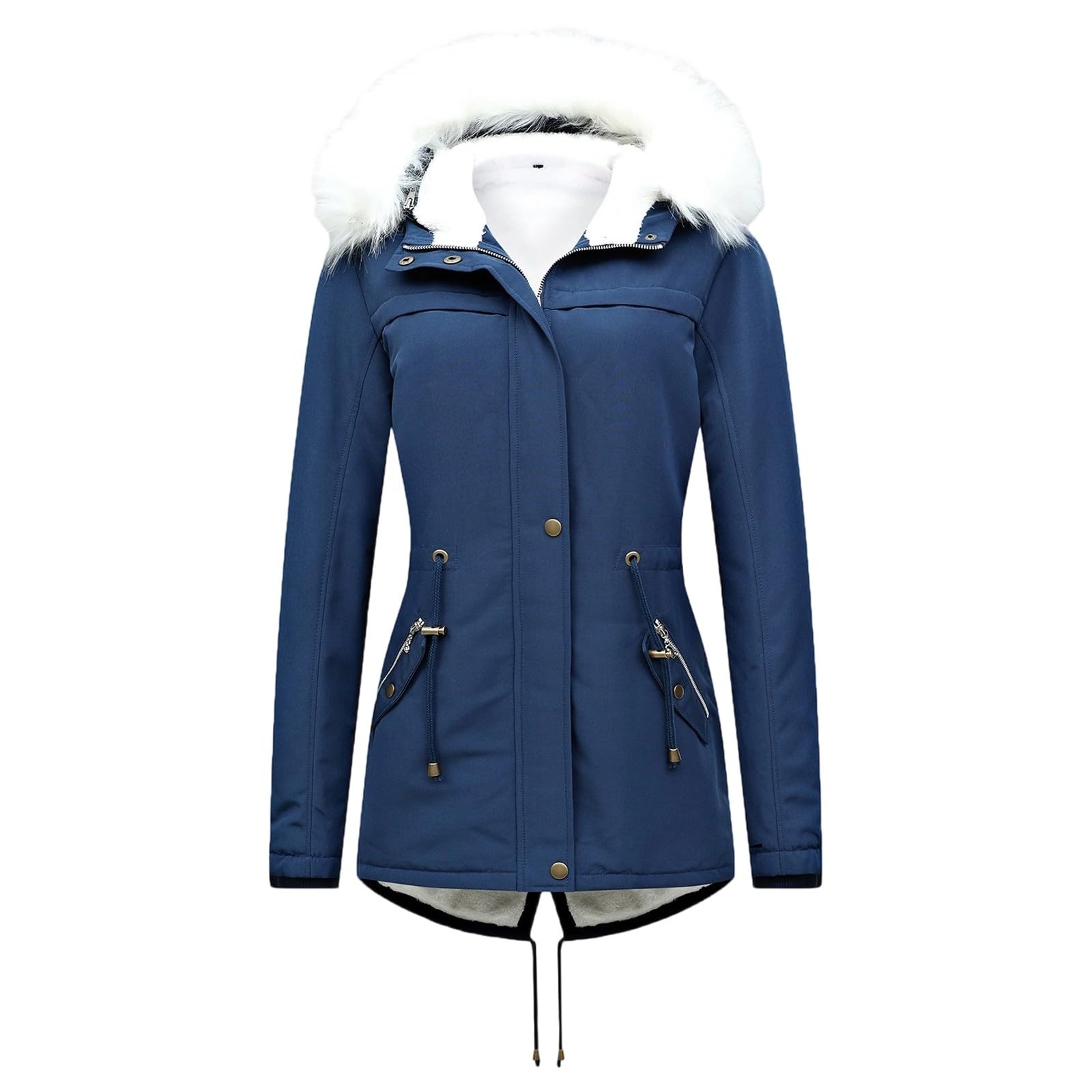 Abbigliamento Donna Cappotto Lungo in Pile Pesante, Caldo, Invernale, con Cappuccio Finto, Taglie Forti Business Meeting