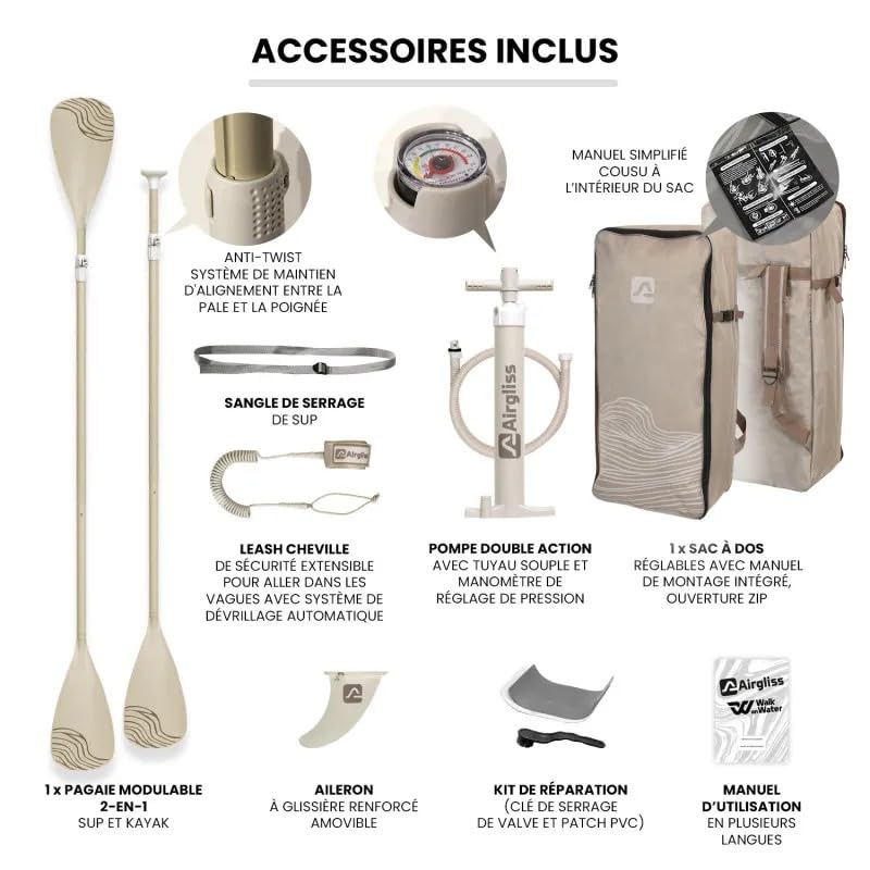 Aufblasbares Paddle Airgliss 11.0 für bis zu 2 Personen (max. 170 kg) | Erwachsene und Kinder | stabil und hochwertig | komplett mit allem Zubehör: Paddel, Schwelle, Tasche, Flügel, Leine